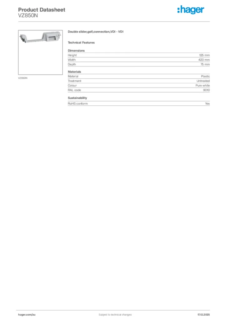Image Hager Product data sheet VZ850N  | Hager Australia