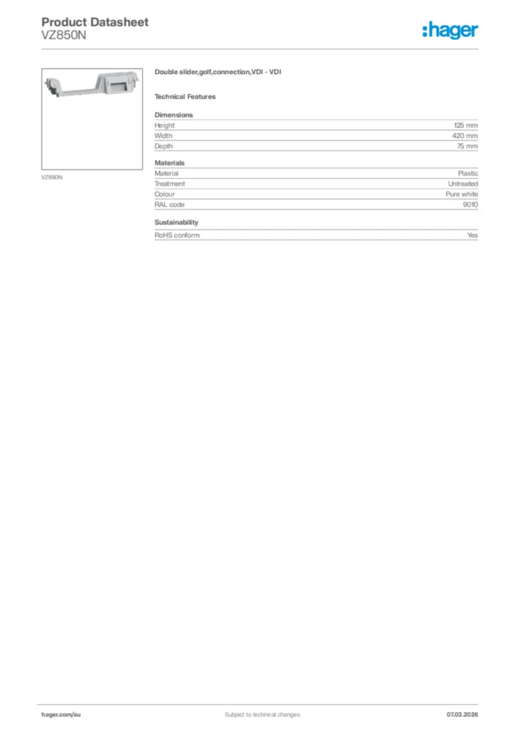 Image Hager Product data sheet VZ850N  | Hager Australia