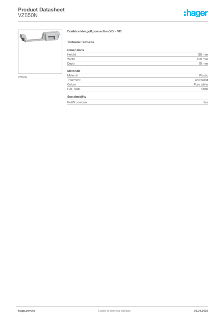 Image Hager Product data sheet VZ850N  | Hager New Zealand