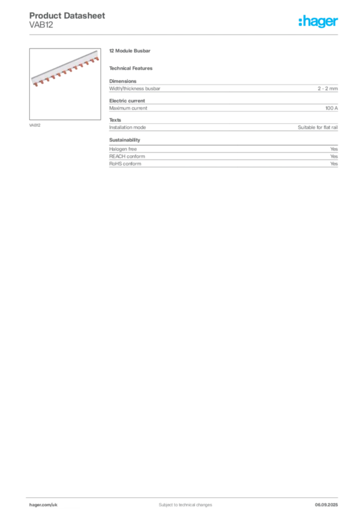 Image Hager Product data sheet VAB12  | Hager