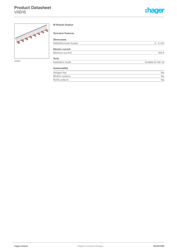 Image Hager Product data sheet VAB16  | Hager