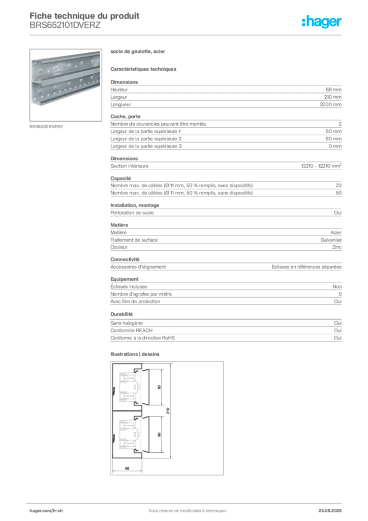 Image Hager Fiche technique du produit BRS652101DVERZ | Hager Suisse