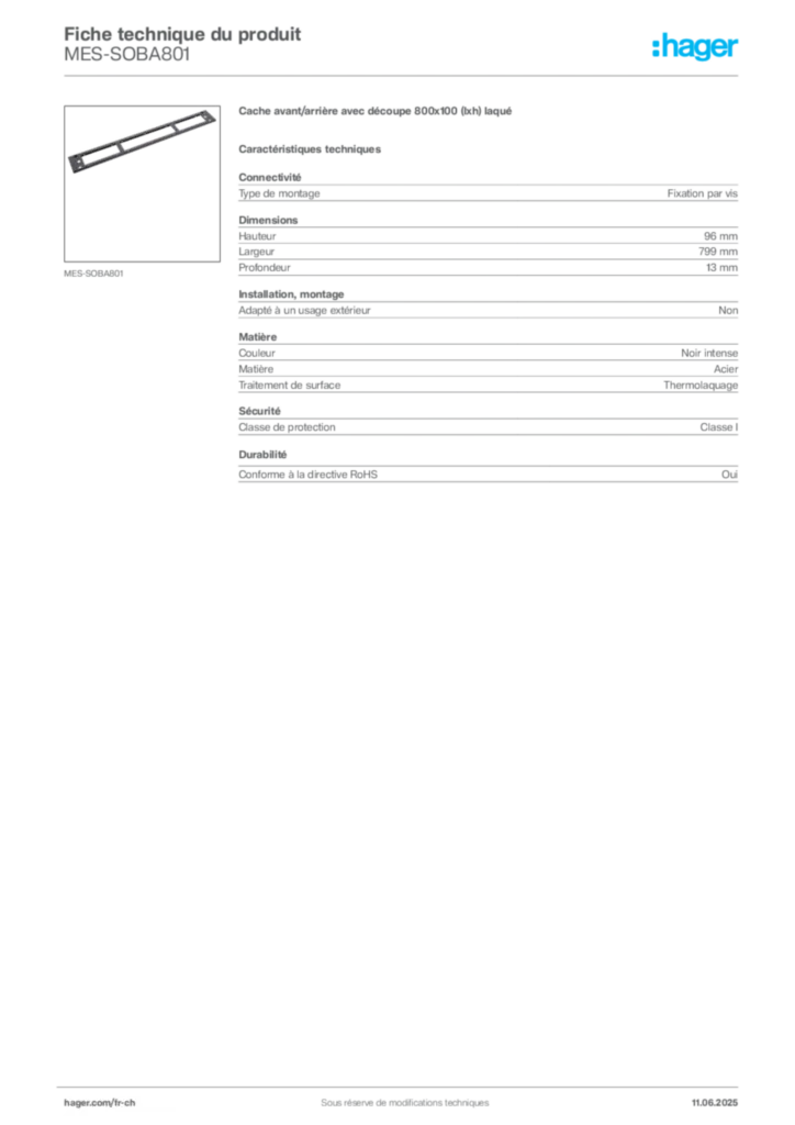 Image Hager Fiche technique du produit MES-SOBA801 | Hager Suisse