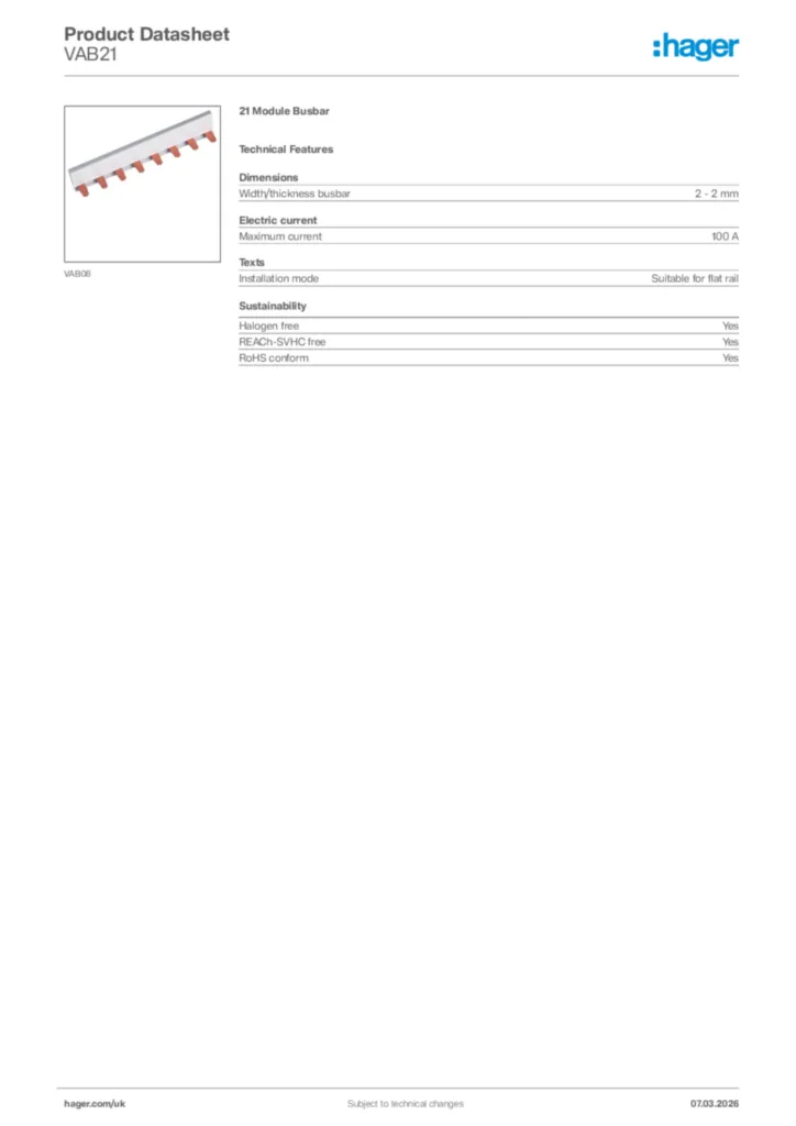 Image Hager Product data sheet VAB21  | Hager