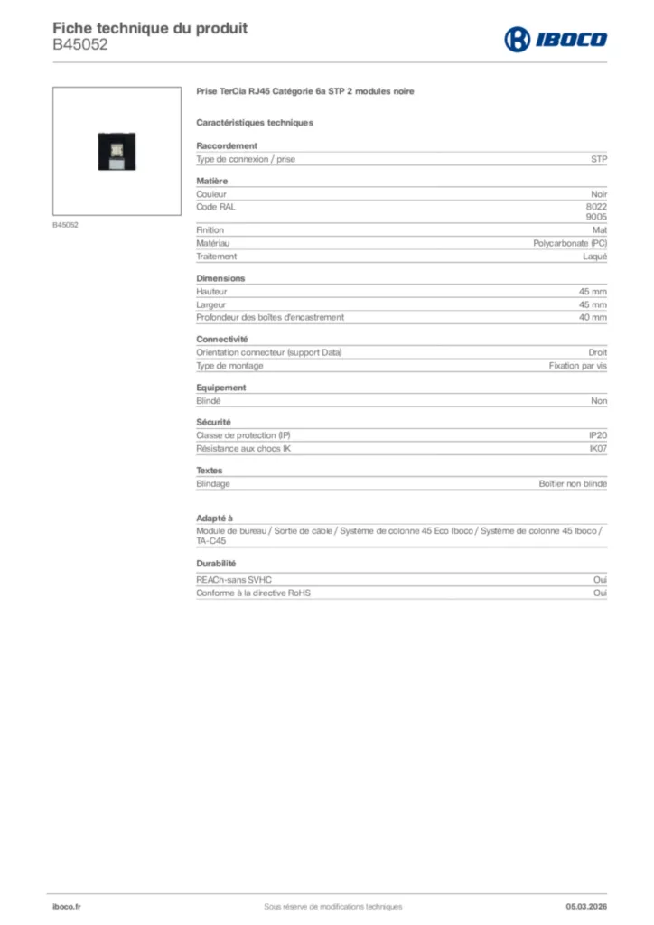 Image Iboco Fiche technique du produit B45052 | Hager France