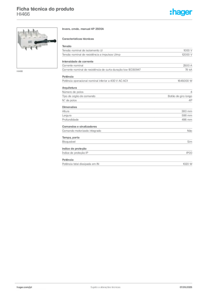 Imagem Hager Ficha técnica do produto HI466 | Hager Portugal