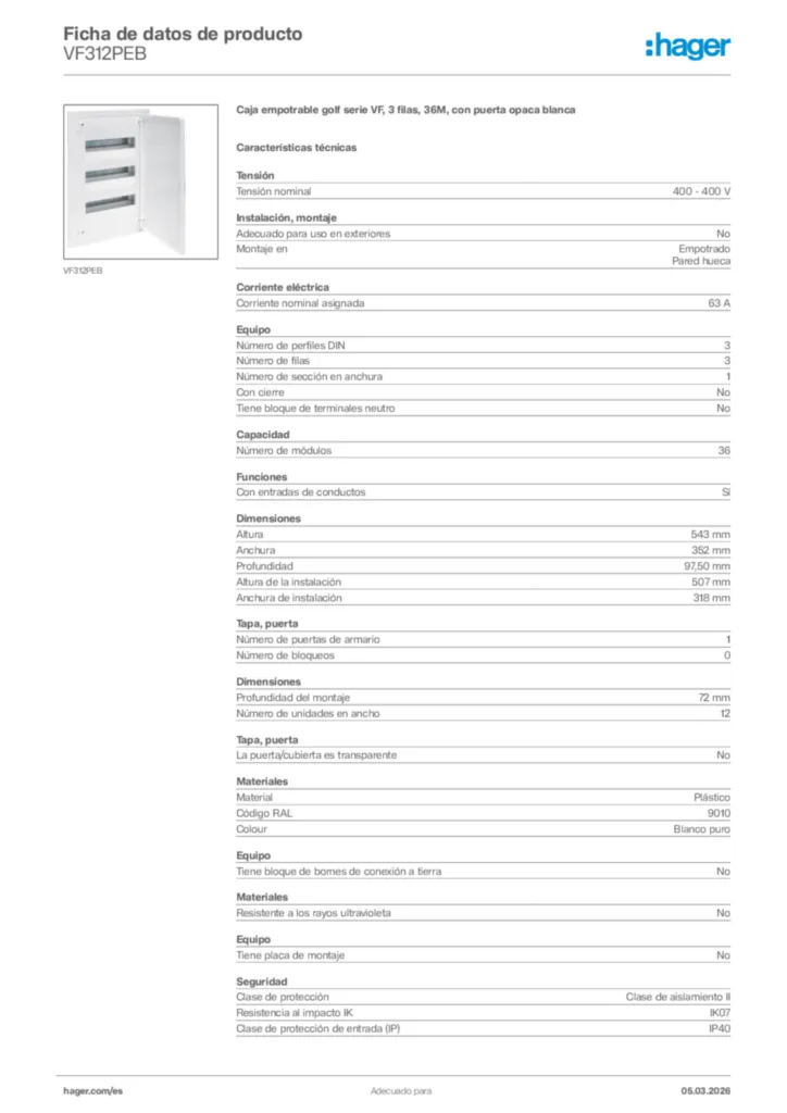 Imagen Hager Ficha de datos de producto VF312PEB | Hager España