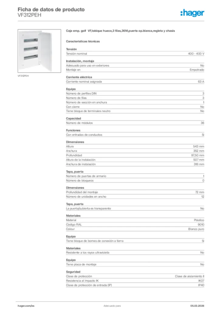 Imagen Hager Ficha de datos de producto VF312PEH | Hager España