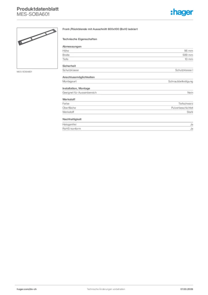 Bild Hager Produktdatenblatt MES-SOBA601 | Hager Schweiz