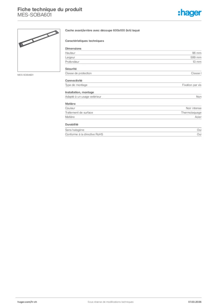 Image Hager Fiche technique du produit MES-SOBA601 | Hager Suisse