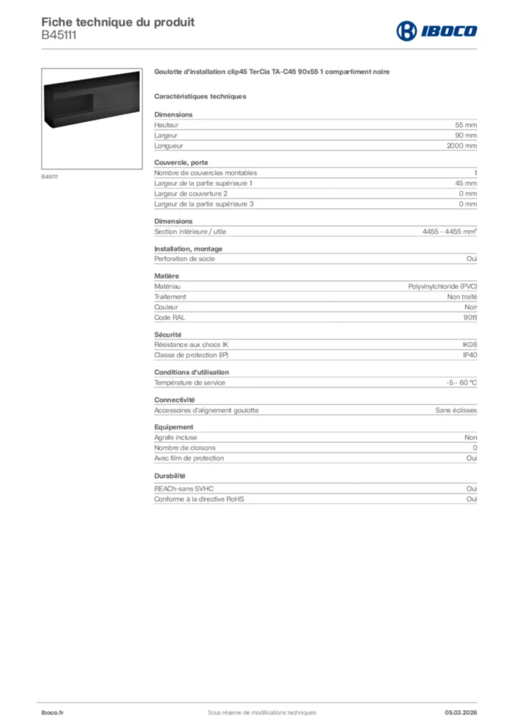 Image Iboco Fiche technique du produit B45111 | Hager France