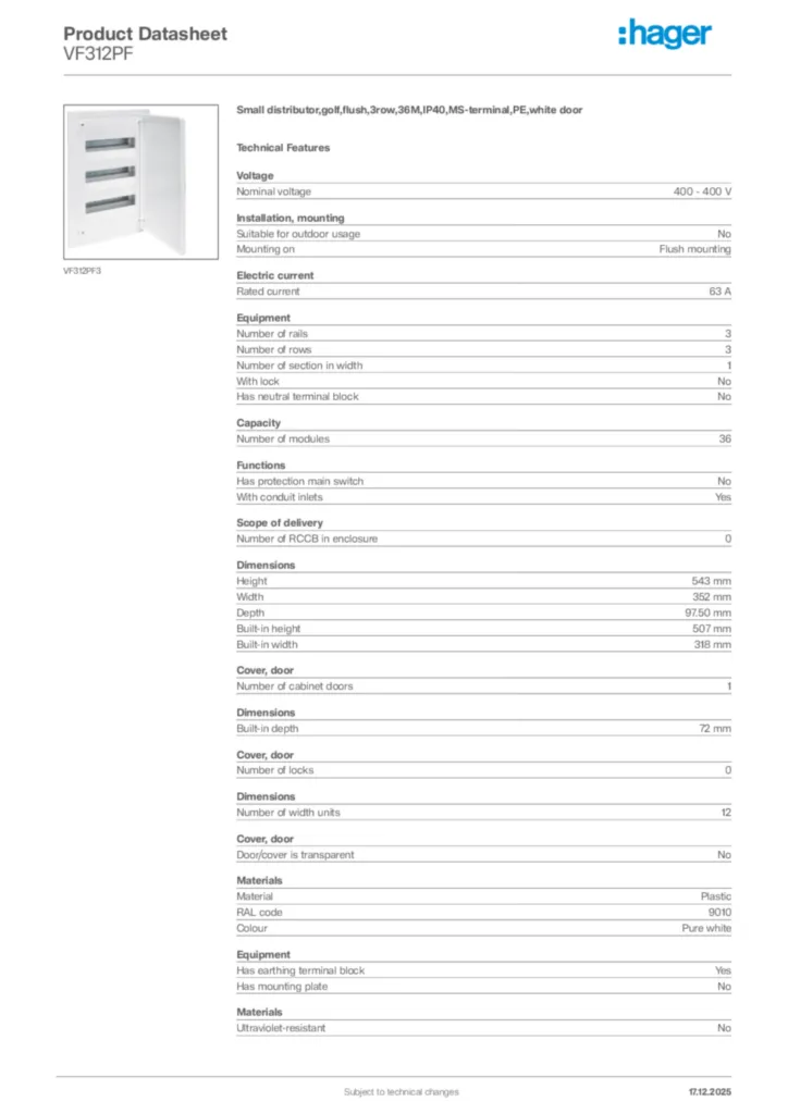 Image Hager Product data sheet VF312PF  | Hager Africa