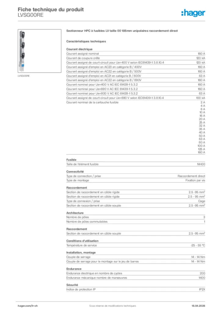 Image Hager Fiche technique du produit LVSG00RE | Hager Suisse