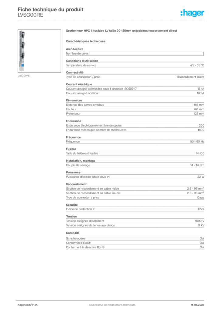 Image Hager Fiche technique du produit LVSG00RE | Hager Suisse