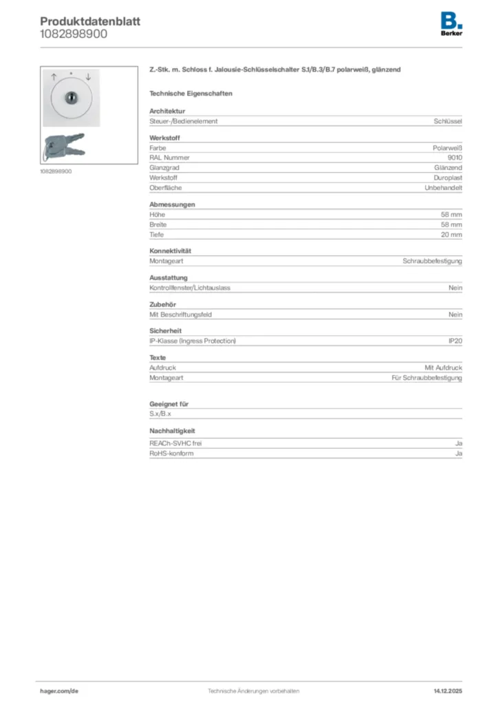 Bild Berker Produktdatenblatt 1082898900 | Hager Deutschland