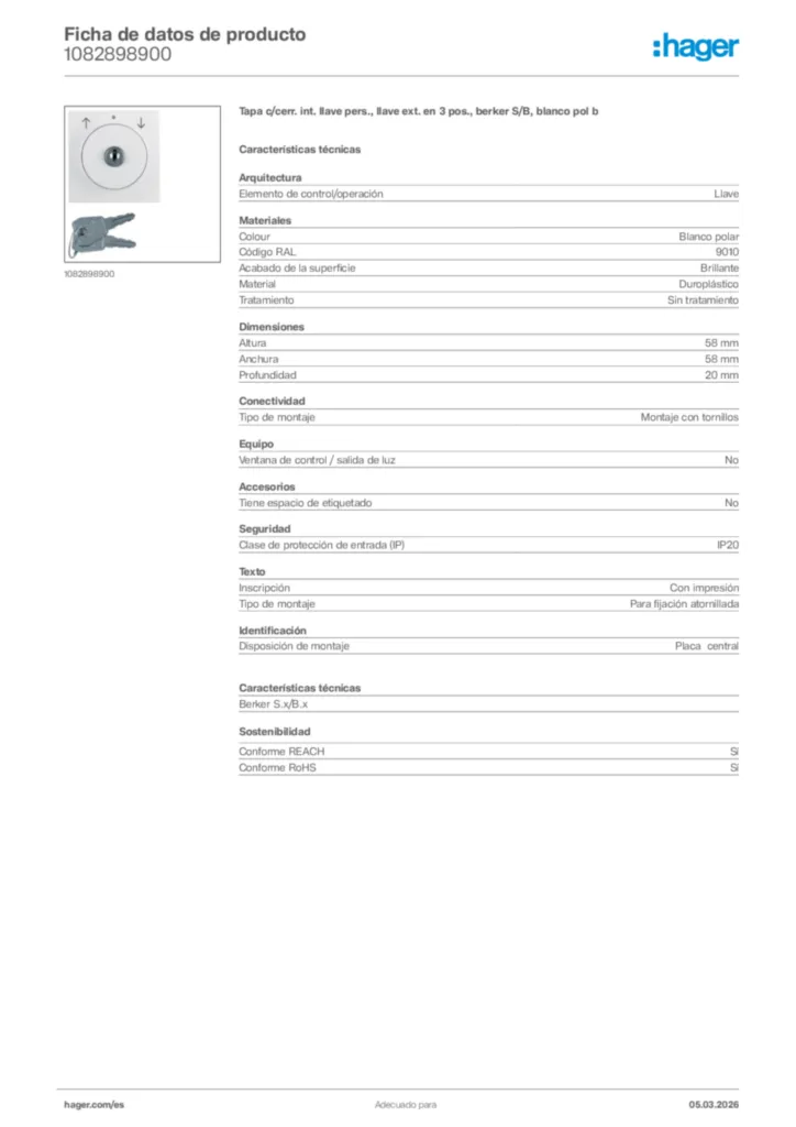 Imagen Hager Ficha de datos de producto 1082898900 | Hager España