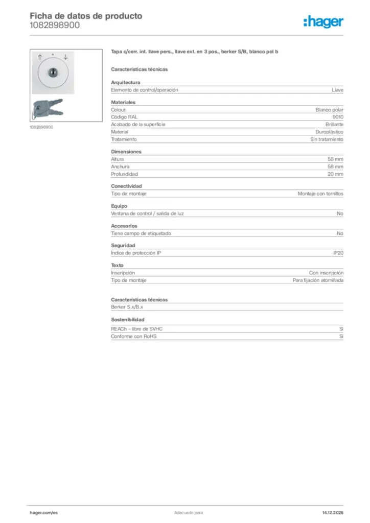Imagen Hager Ficha de datos de producto 1082898900 | Hager España
