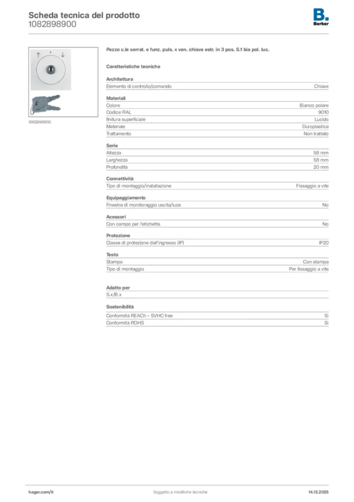 Immagine Berker Scheda tecnica del prodotto 1082898900 | Hager Italia