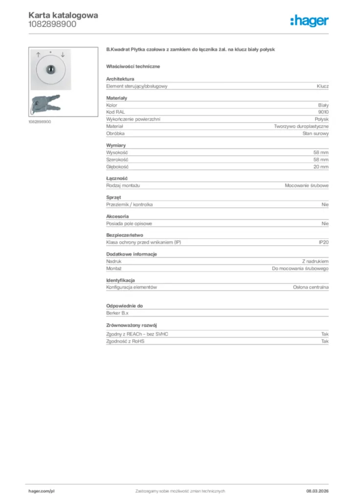Zdjęcie Hager Karta katalogowa 1082898900 | Hager Polska