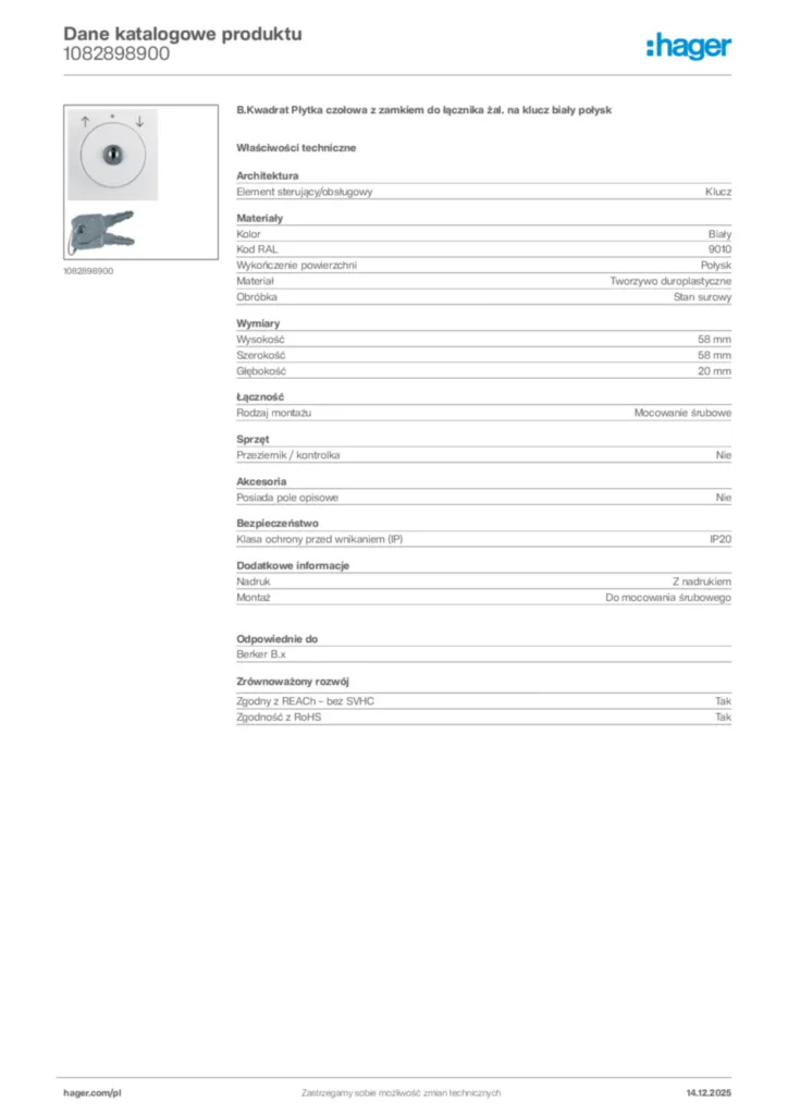 Zdjęcie Hager Karta katalogowa 1082898900 | Hager Polska