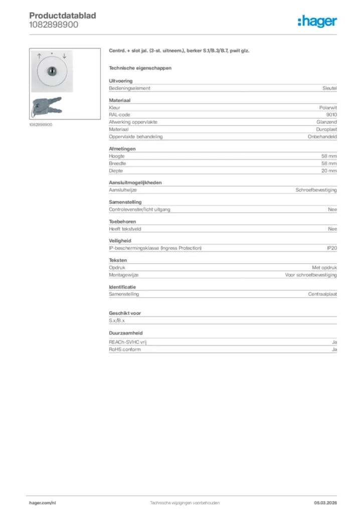 Afbeelding Hager Productdatablad 1082898900 | Hager Nederland