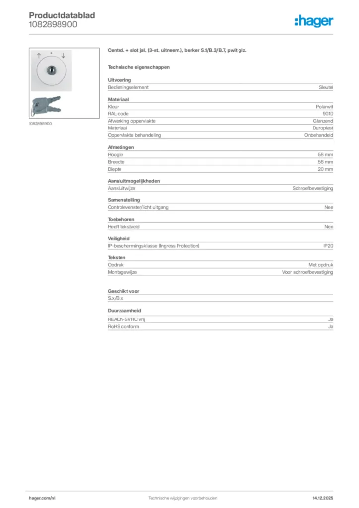 Afbeelding Hager Productdatablad 1082898900 | Hager Nederland