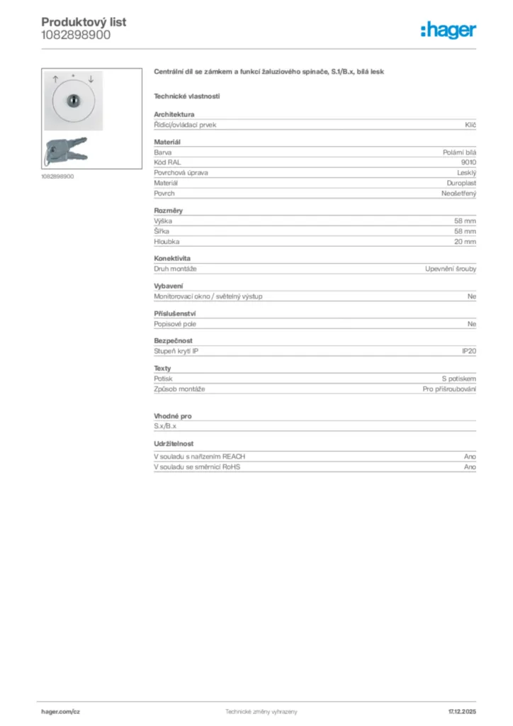 Obrázek Hager Produktový list 1082898900 | Hager