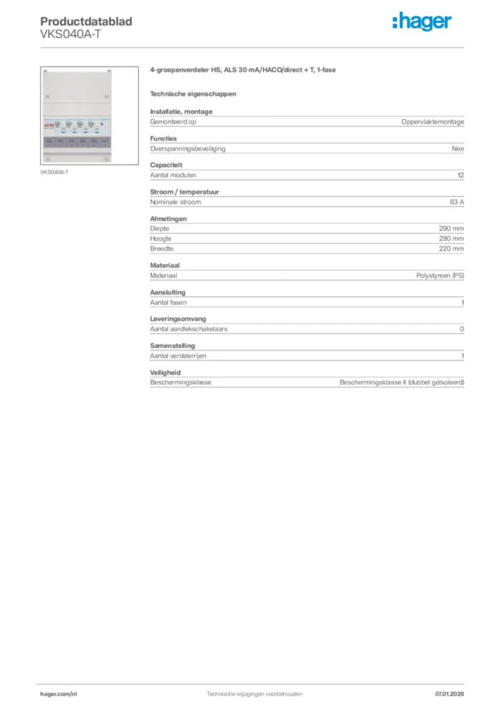 Afbeelding Hager Productdatablad VKS040A-T | Hager Nederland