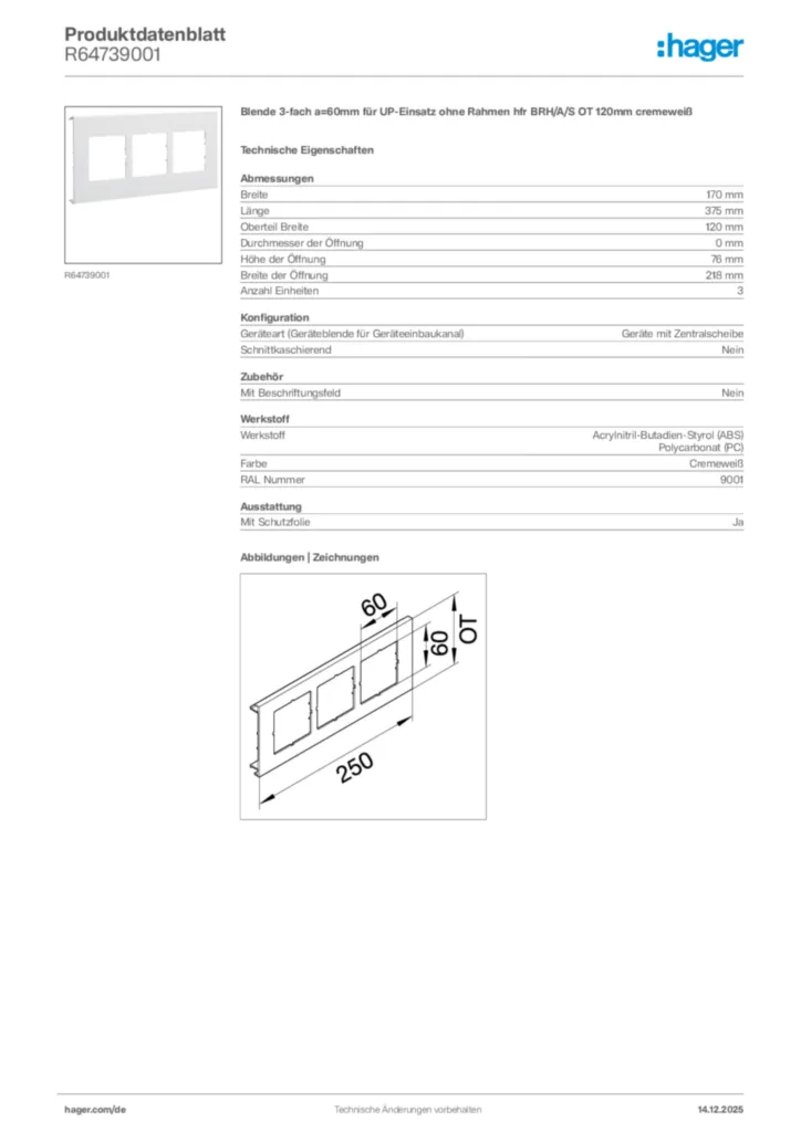 Bild Hager Produktdatenblatt R64739001 | Hager Deutschland