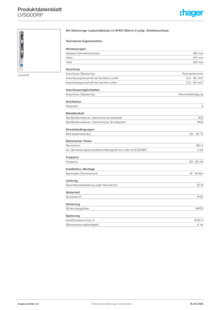 Bild Hager Produktdatenblatt LVSG00RP | Hager Schweiz