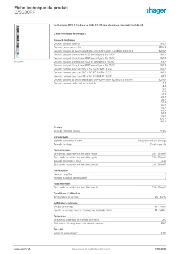 Image Hager Fiche technique du produit LVSG00RP | Hager Suisse