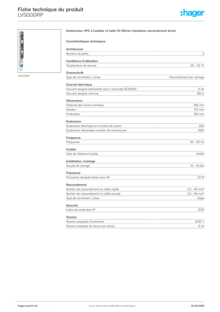 Image Hager Fiche technique du produit LVSG00RP | Hager Suisse
