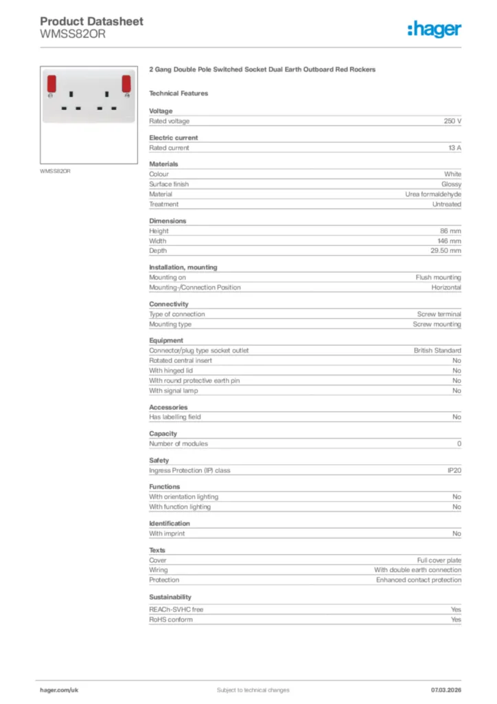 Image Hager Product data sheet WMSS82OR  | Hager