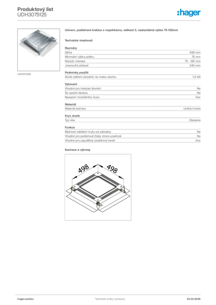 Obrázek Hager Product data sheet UDH3075125 | Hager