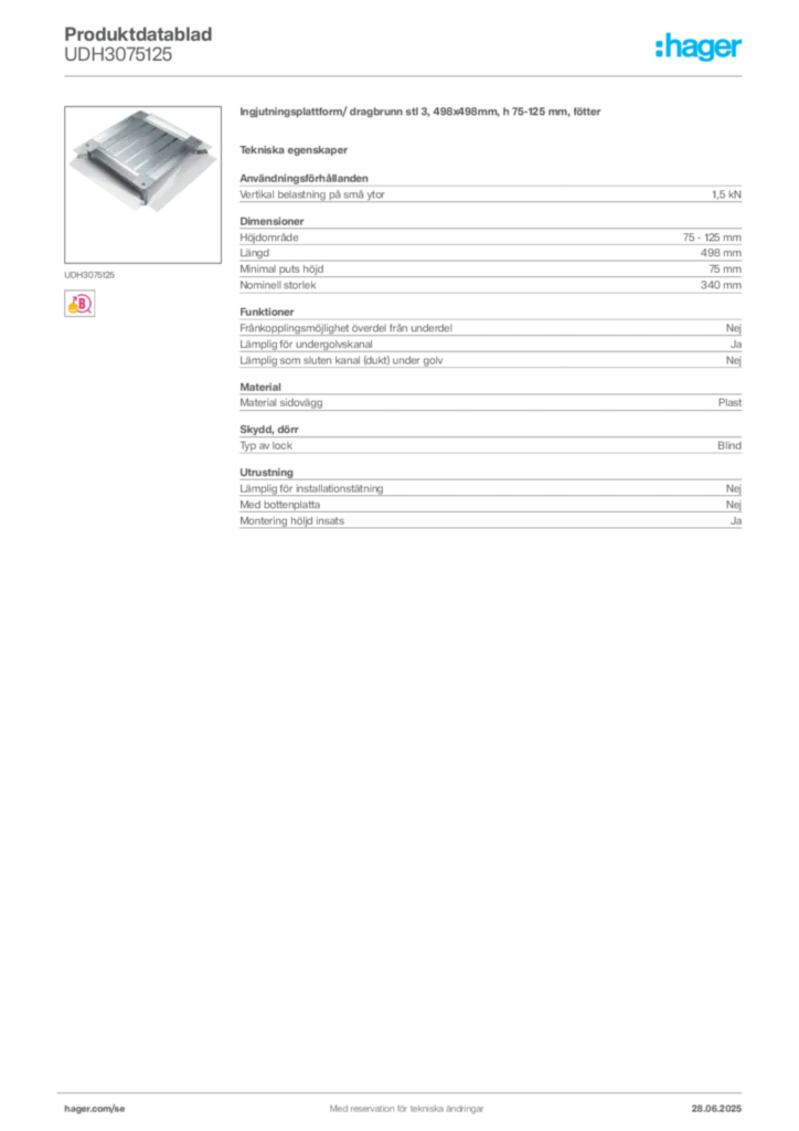 Bild Hager Produktdatablad UDH3075125 | Hager Sverige