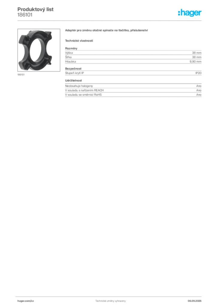 Obrázek Hager Produktový list 186101 | Hager