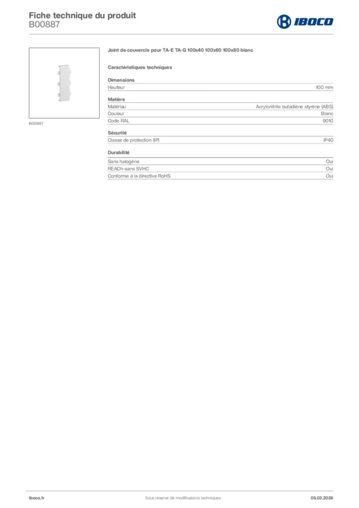 Image Iboco Fiche technique du produit B00887 | Hager France