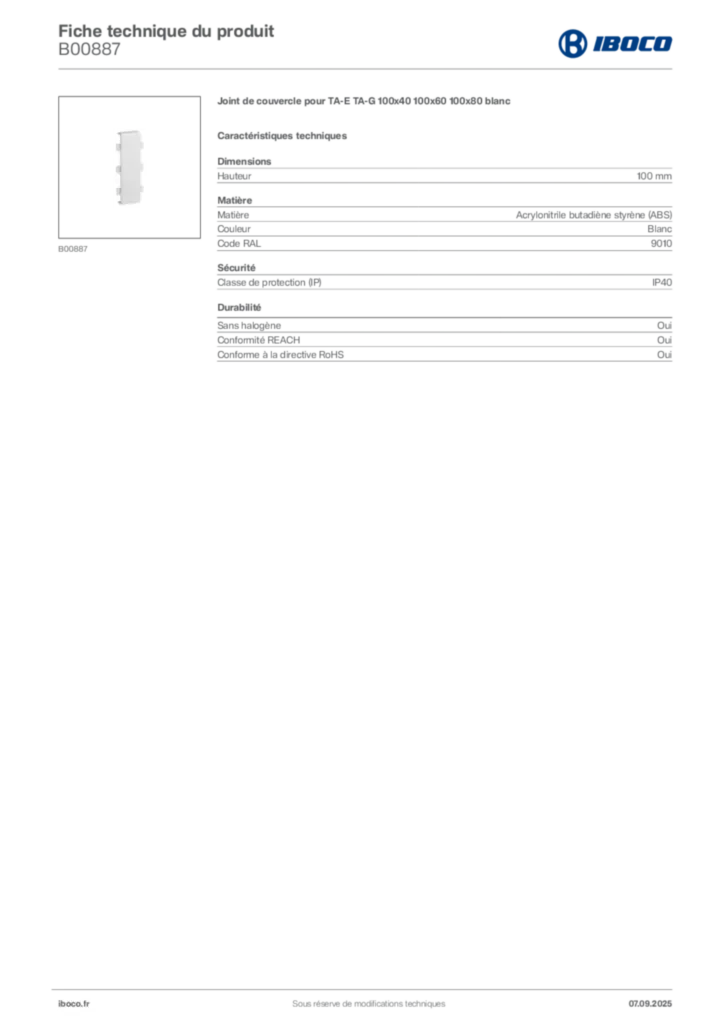Image Iboco Fiche technique du produit B00887 | Hager France