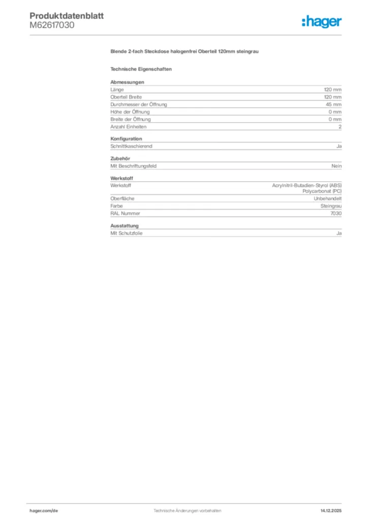 Bild Hager Produktdatenblatt M62617030 | Hager Deutschland