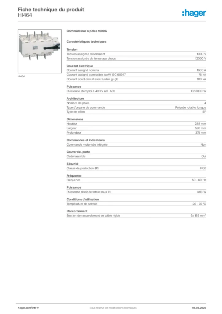 Image Hager Fiche technique du produit HI464 | Hager Afrique