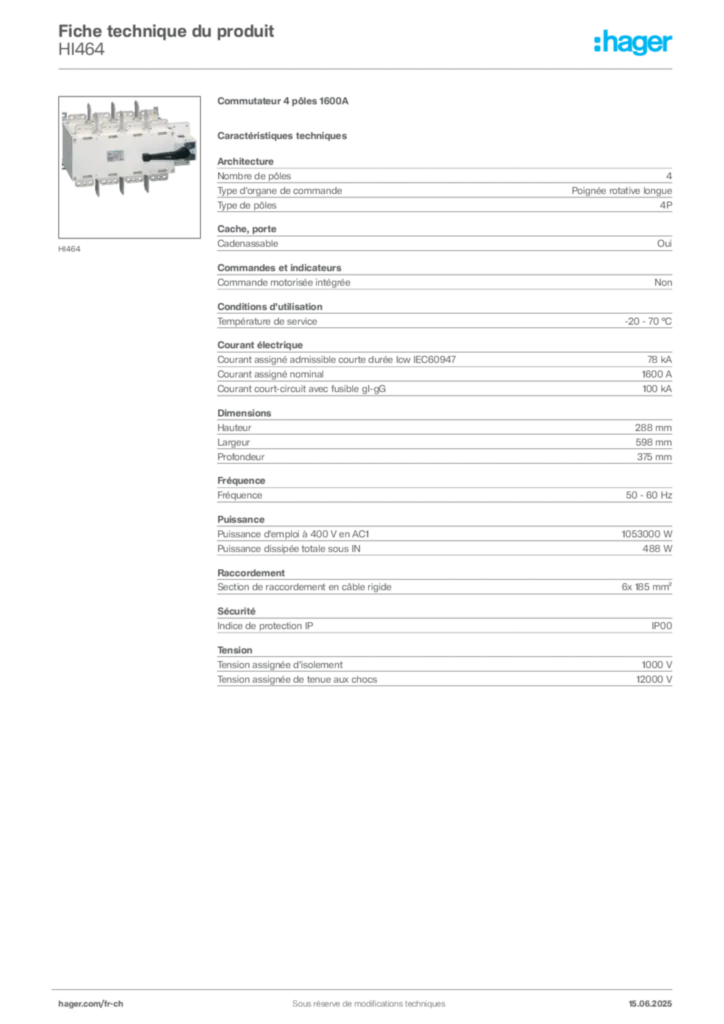 Image Hager Fiche technique du produit HI464 | Hager Suisse