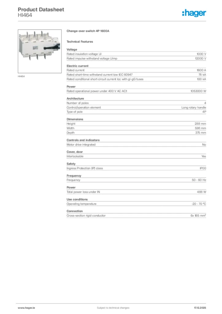 Image Hager Product data sheet HI464  | Hager