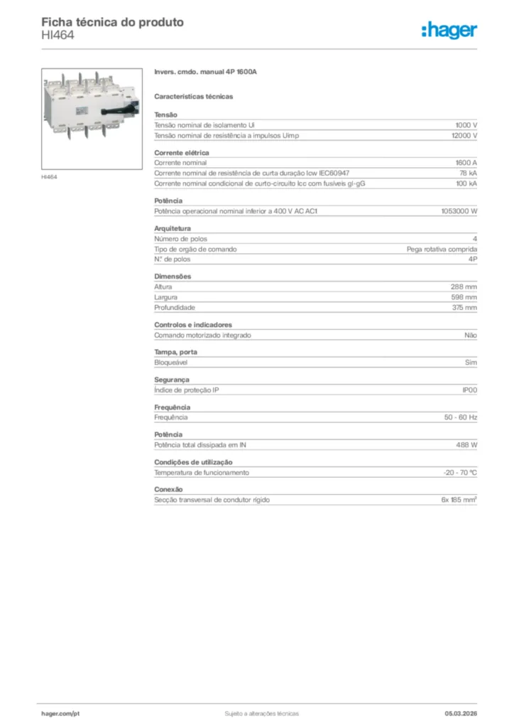 Imagem Hager Ficha técnica do produto HI464 | Hager Portugal