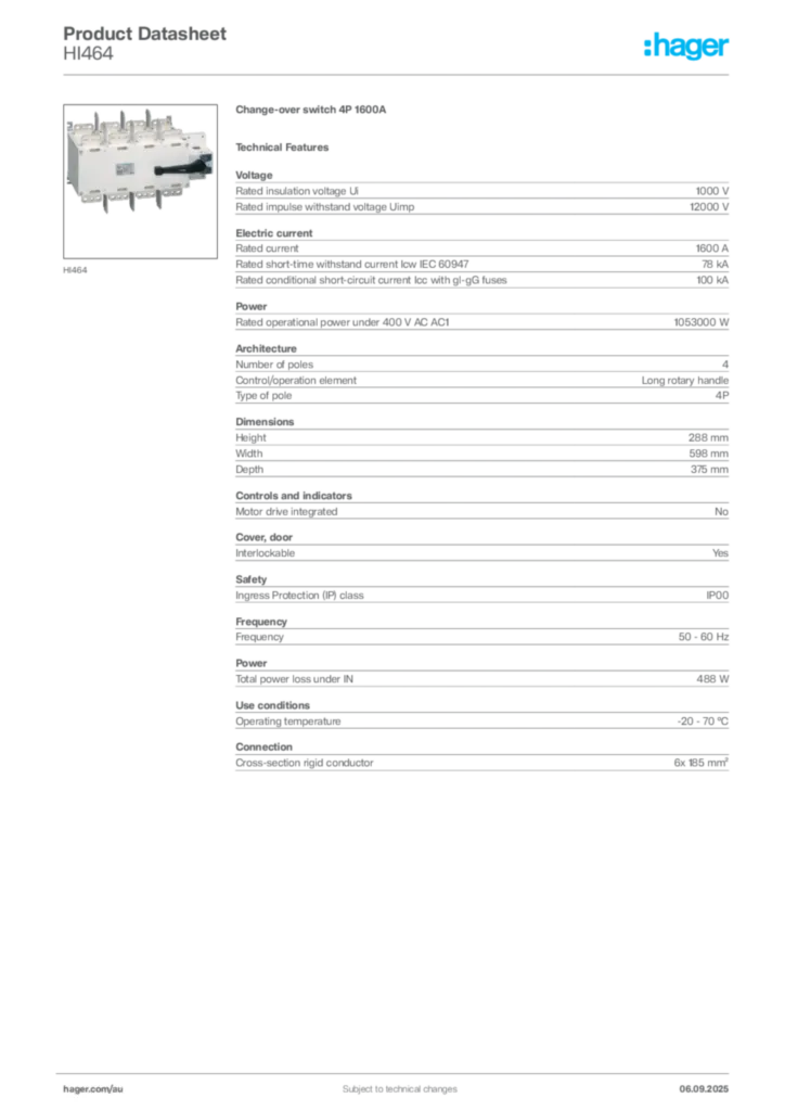 Image Hager Product data sheet HI464  | Hager Australia