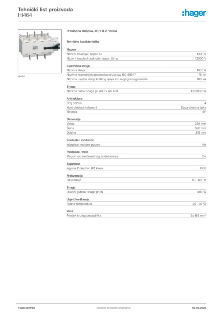 Slika Hager Tehnički list proizvoda HI464  | Hager