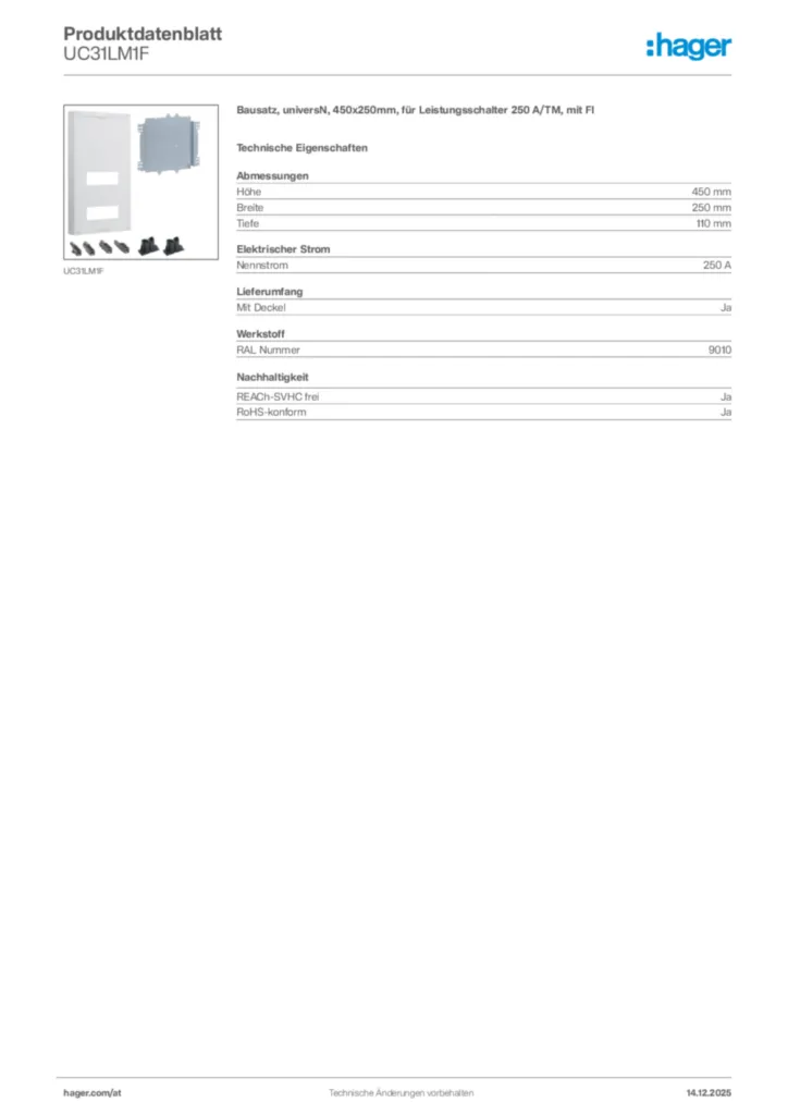 Bild Hager Produktdatenblatt UC31LM1F | Hager Deutschland