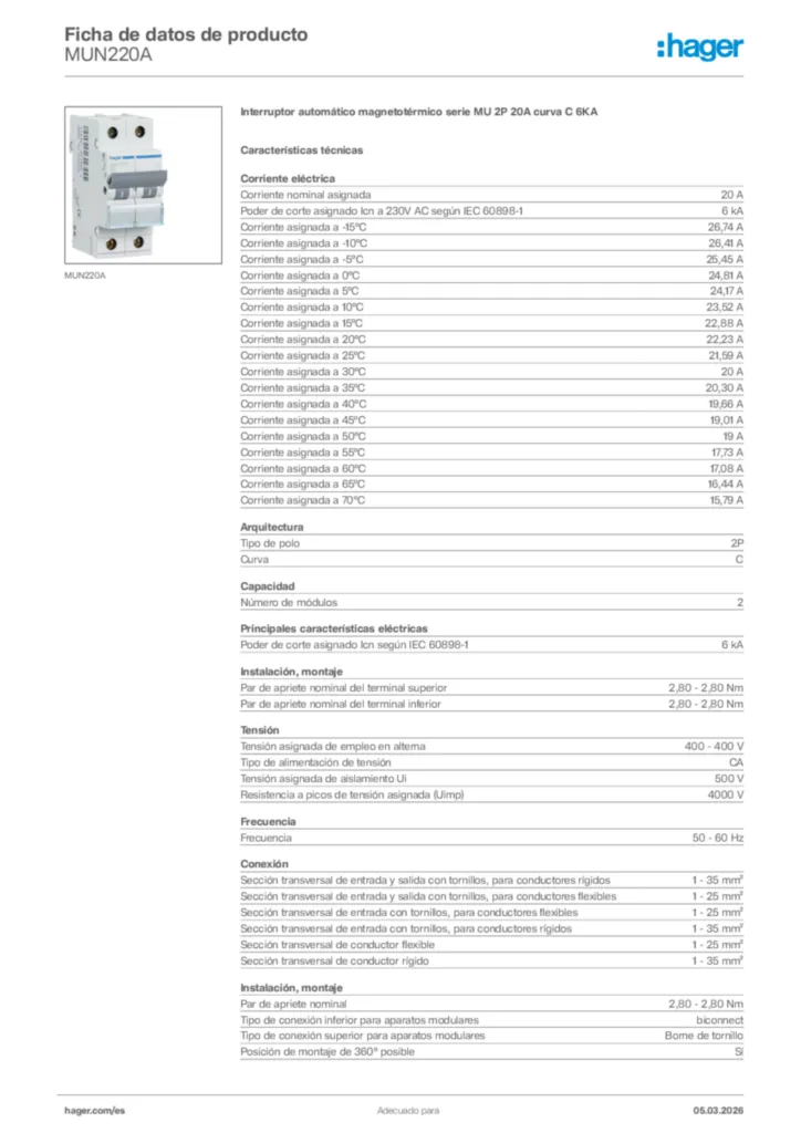 Imagen Hager Ficha de datos de producto MUN220A | Hager España