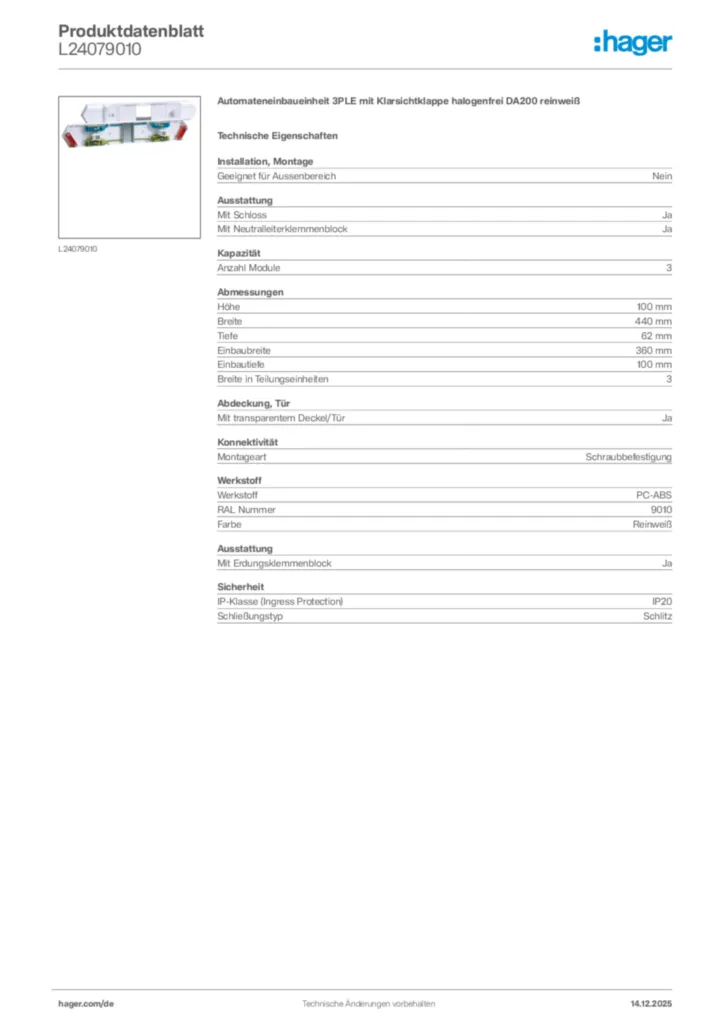 Bild Hager Produktdatenblatt L24079010 | Hager Deutschland