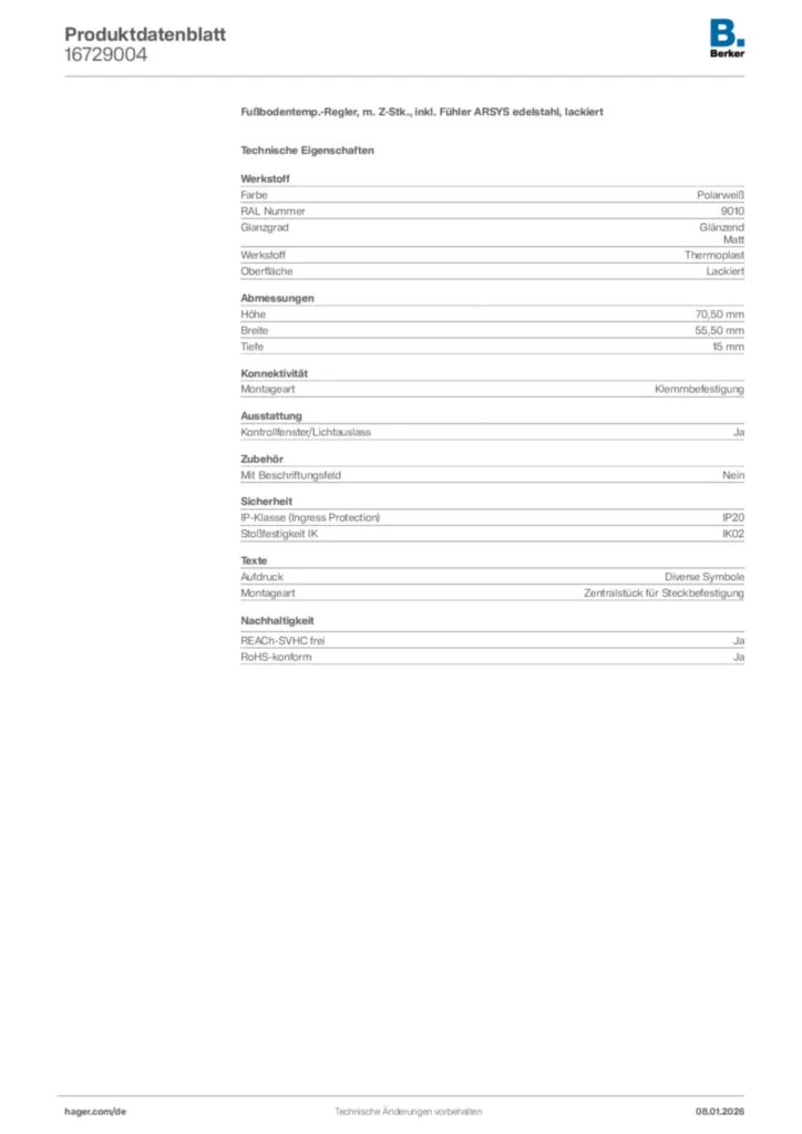 Bild Berker Produktdatenblatt 16729004 | Hager Deutschland