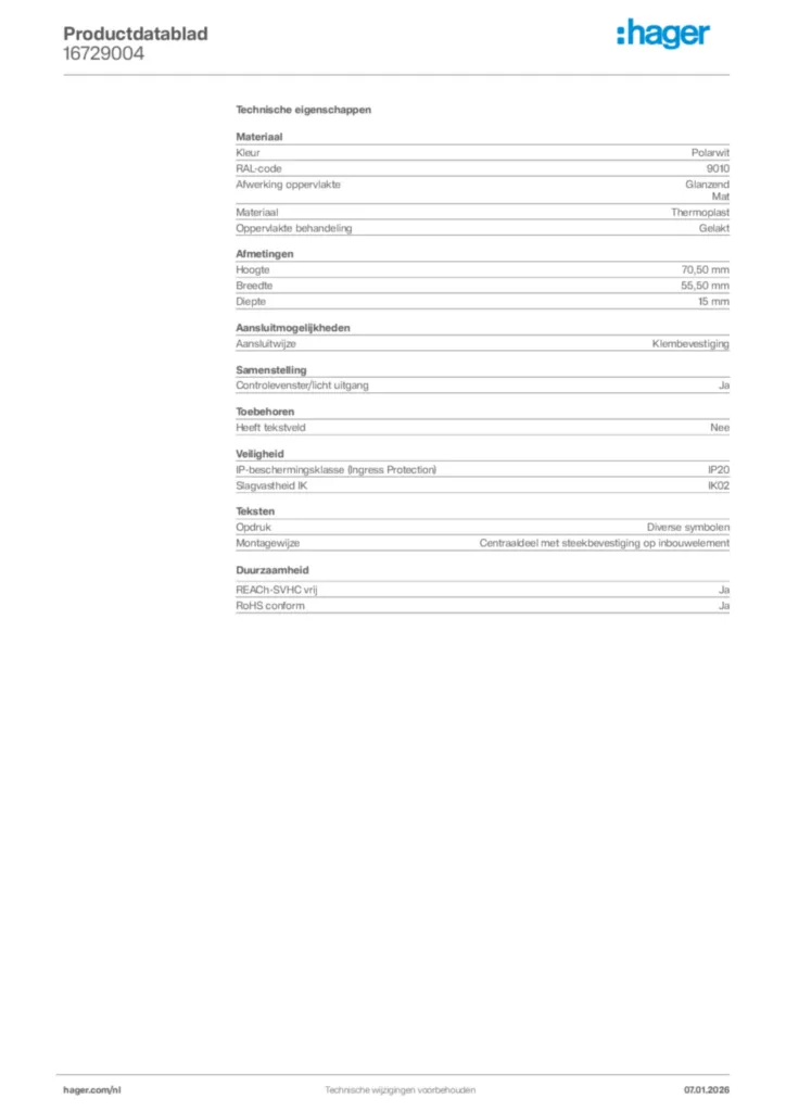 Afbeelding Hager Productdatablad 16729004 | Hager Nederland
